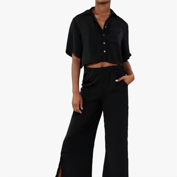 NEW Plush Apparel Revolve Black Faux Silk Satin Crop Top Wide-Leg Pants Set (M) - Picture 1 of 10